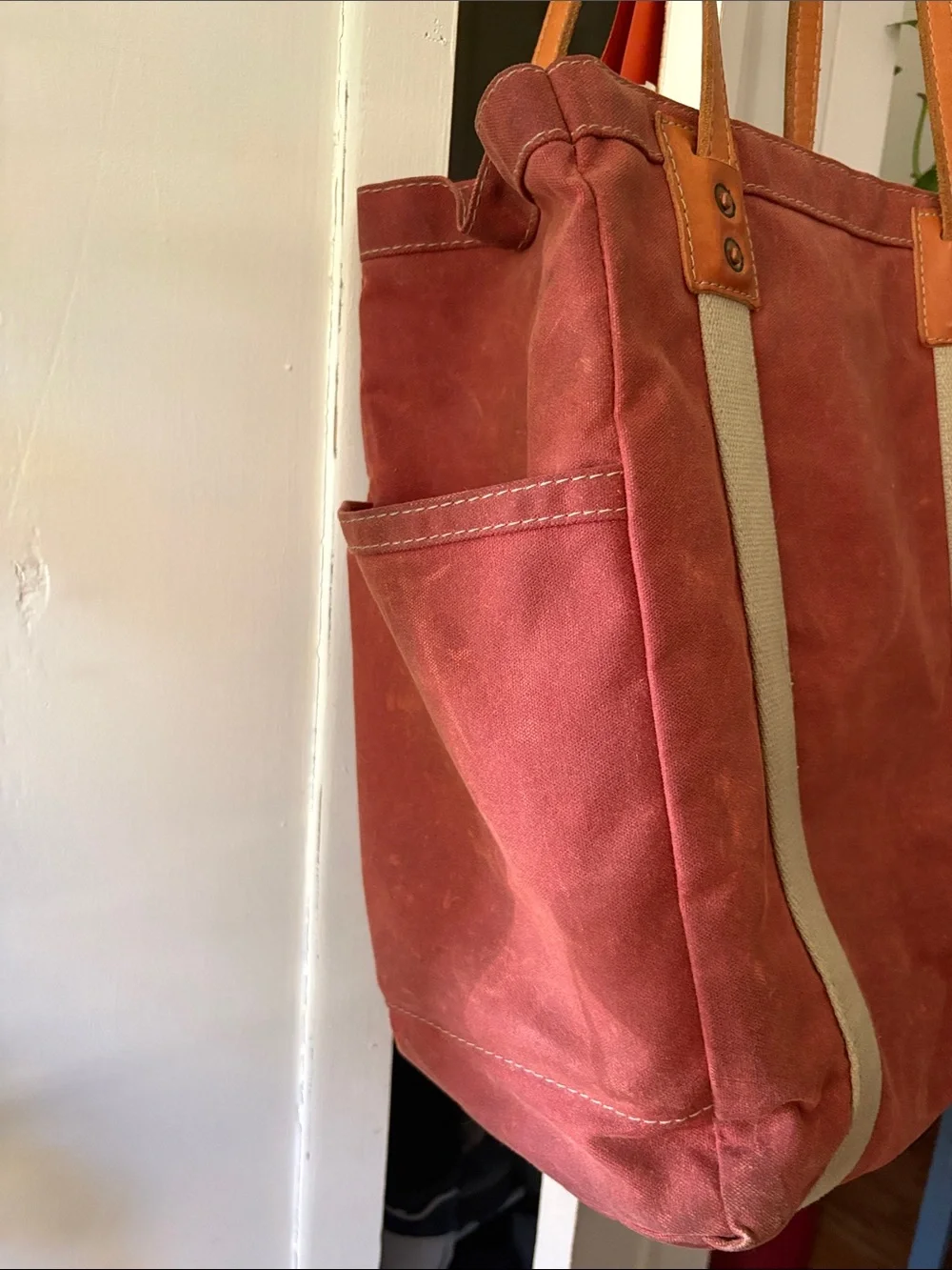 Artifact brand Rust Waxed Canvas Tote Bag with leather riveted handle